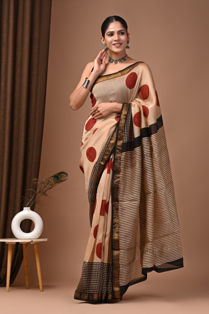 New exclusive traditional hand block printed Maheswari silk saree with blouse piece