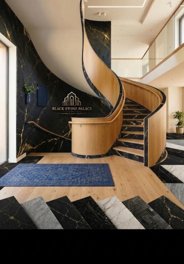 Luxury Curved Wooden Staircase with Black Marble Accents