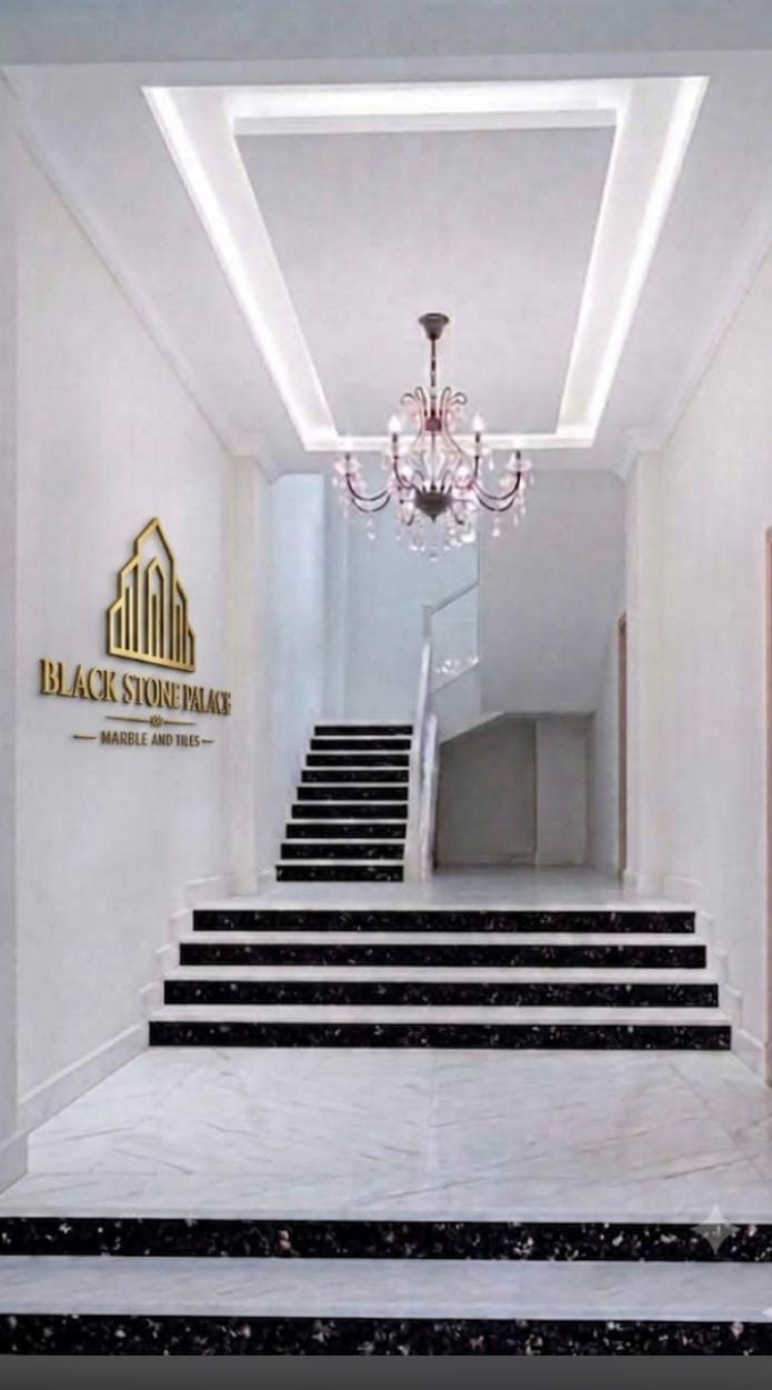 White Marble Staircase with Black Granite Steps