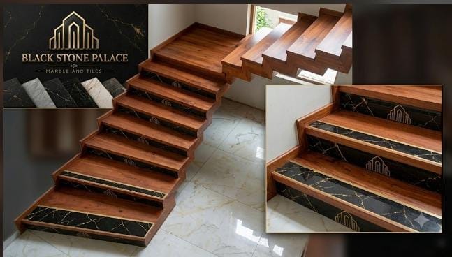 Premium Wooden Finish Staircase with Black Marble Risers