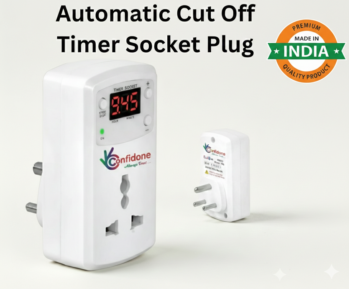 Confidone 16A Automatic Timer Plug with Digital Display | Heavy Duty Cut Off Socket for Geyser, Water Pump up to 1.5HP & E-Bike | Made in India