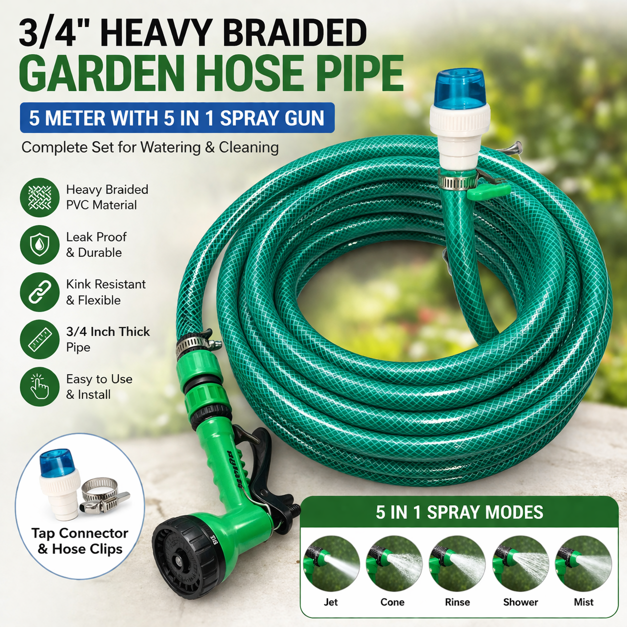 3/4 Inch 5 Meter Braided Garden Hose Pipe with 5 in 1 Spray Gun & Tap Connector | Flexible PVC Water Pipe (Green)