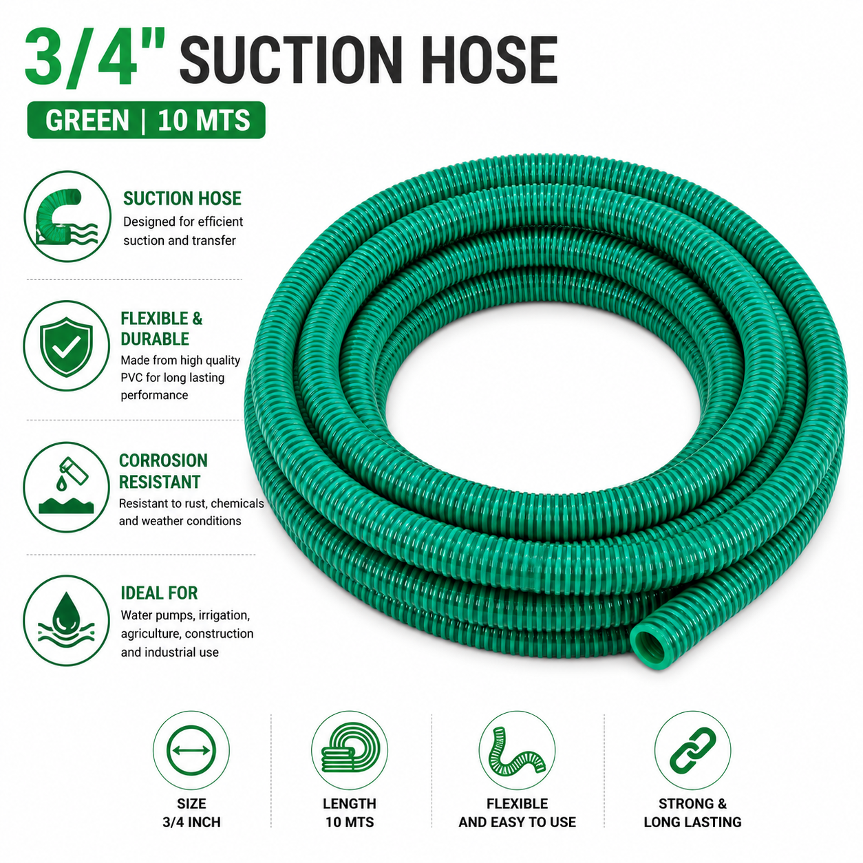 3/4 Inch Heavy Duty PVC Green Suction Hose Pipe 10 Meter (30 Feet) for Water Pump, Irrigation & Water Transfer Flexible Spiral Pipe