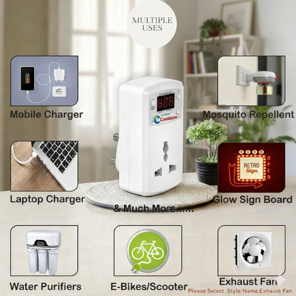 Confidone Digital Timer Socket Plug 6A (1380W) – Auto Power Cut Off | Perfect for Mobile, Laptop & E-Bike Charging