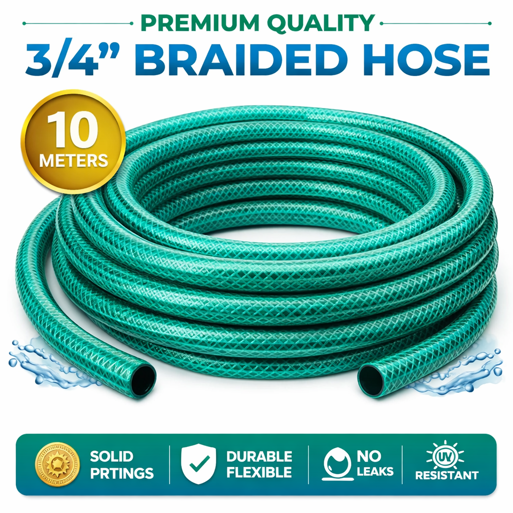 3/4 Inch 10 Meter Braided PVC Garden Hose Pipe | Flexible Water Pipe for Tap Use (Green)