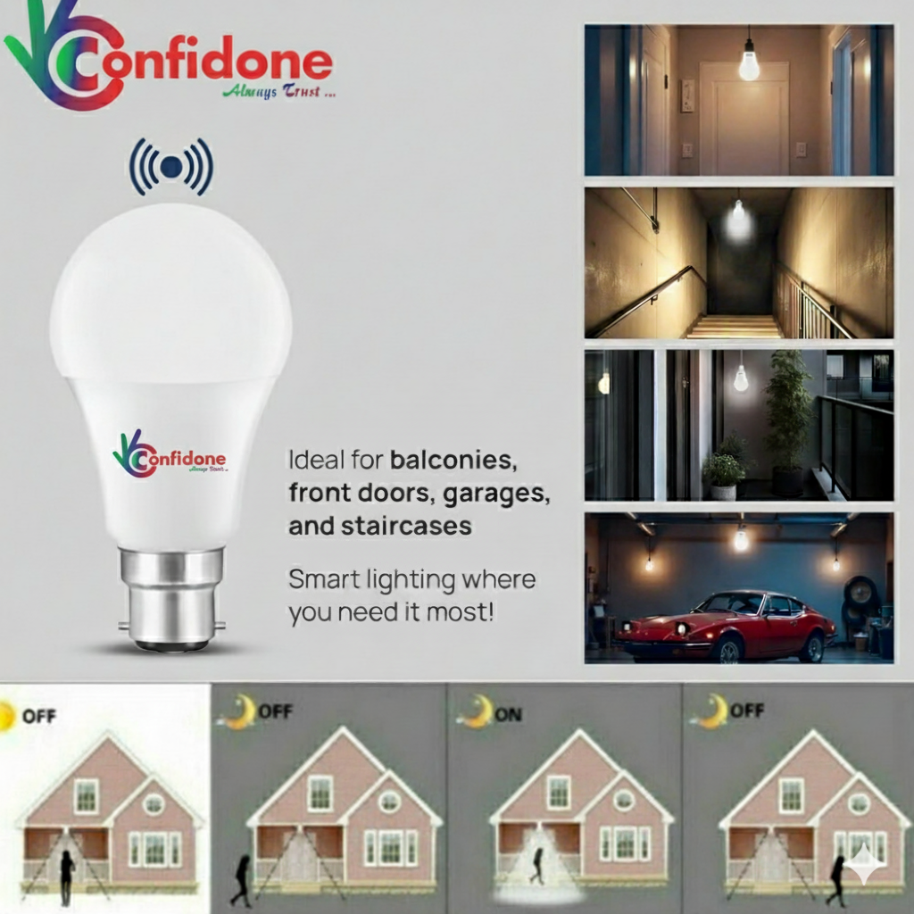 Confidone 9W Radar Motion Sensor LED Bulb Pack of 2 | Smart Auto On/Off Light | Energy Saving Night Bulb for Home, Garage, Staircase & Outdoor Use (Pack of 2 White, B22 Holder)