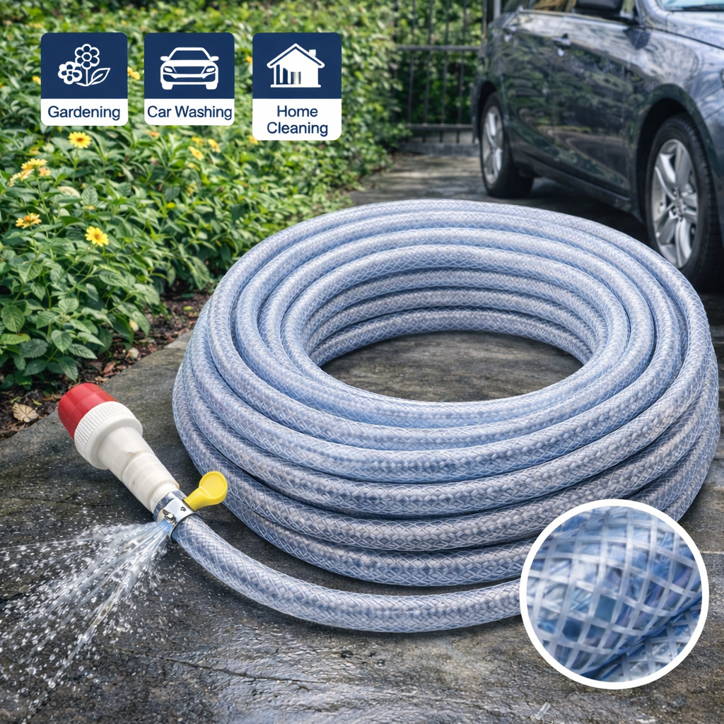 0.5 Inch 8 Meter Braided PVC Hose Pipe with Spray Gun, Tap Adapter & Steel Clip | Flexible Water Pipe (Silver Grey)