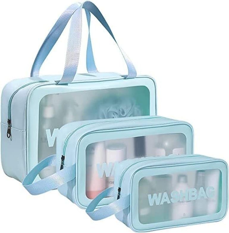 Portable Travel Wash Bag Set of 3 Waterproof Semi Transparent Toiletry and Cosmetic Bag with Handle for Women