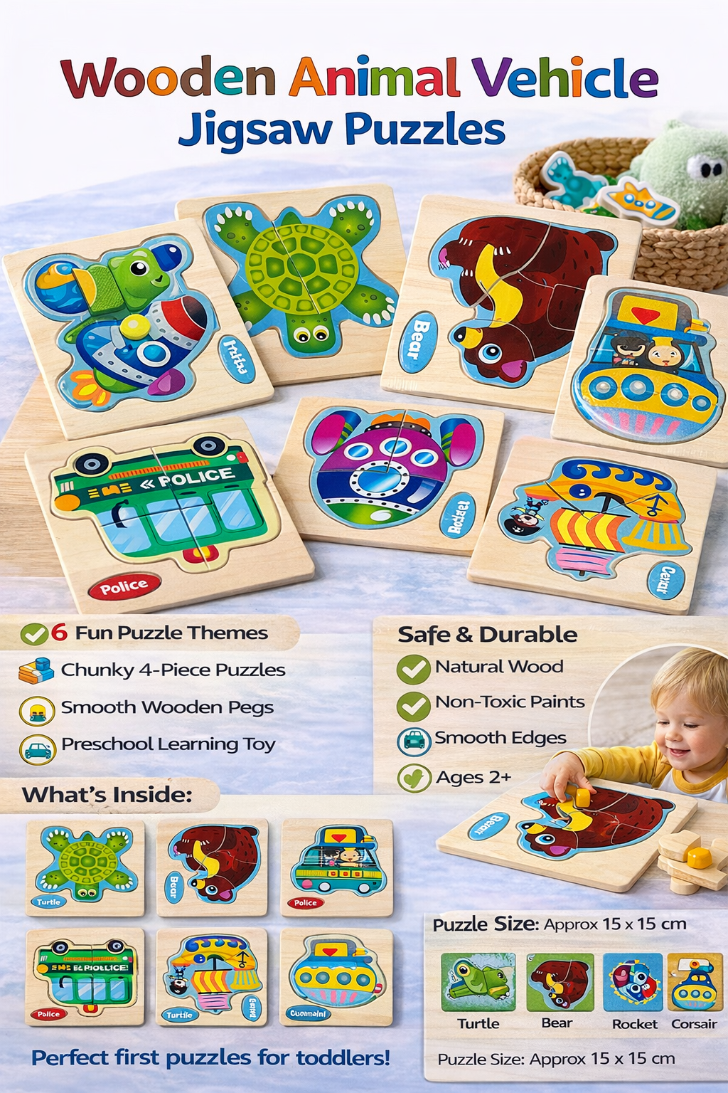 Mini Wooden Animal Vehicle Jigsaw Puzzle (3 Pieces)