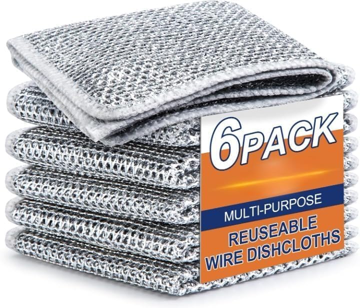 Non-Scratch Dish Wash Cloth (Pack of 6), Steel Wire Dishwashing Rags for Wet and Dry Stainless Steel Scrubber Non-Scratch Wire Dishcloth for Washing Dishes Sinks Counters (6)